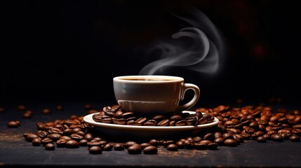 Steaming coffee cup surrounded by coffee beans on dark background