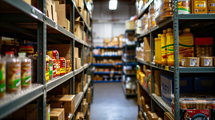 A food bank storage room filled with donations a key resource in combating hunger. - obrazy, fototapety, plakaty