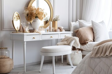 chair and pillows with a white makeup station. In a space that gets early light