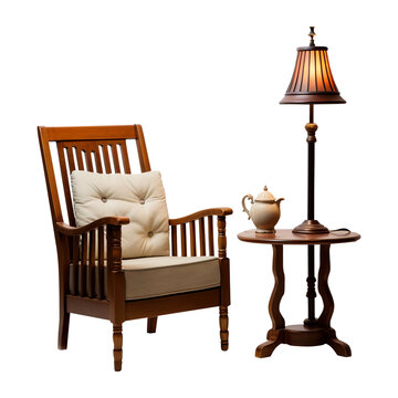 A set of living room corner wooden chair tea teable isolated on white background
