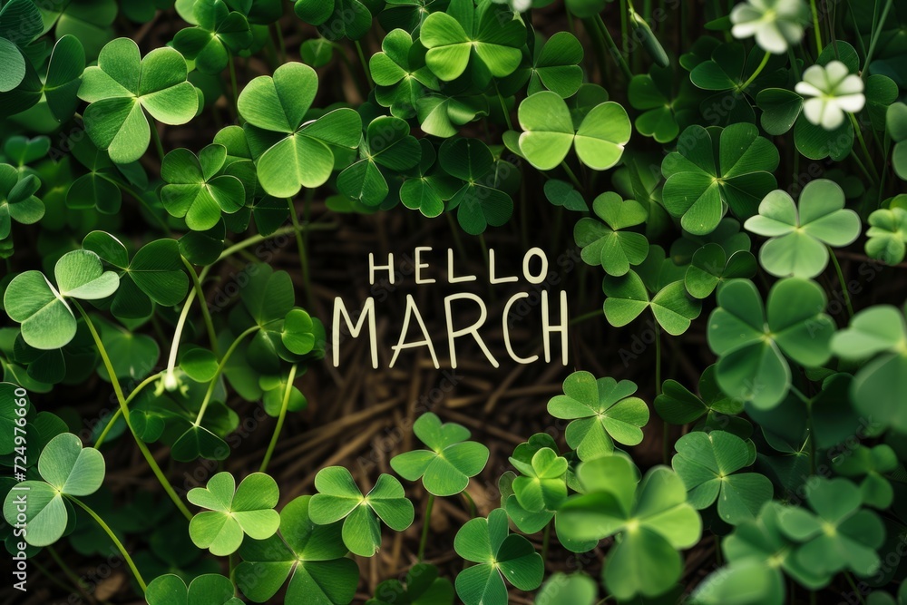 Poster hello march centered text on clover background generative ai