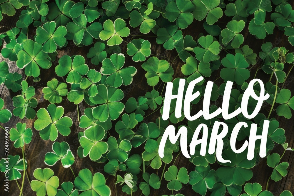 Poster hello march offset text on clover background generative ai