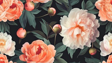 peony flowers and buds against a dark background, creating a mesmerizing seamless pattern that evokes elegance and sophistication. SEAMLESS PATTERN. SEAMLESS WALLPAPER. - obrazy, fototapety, plakaty