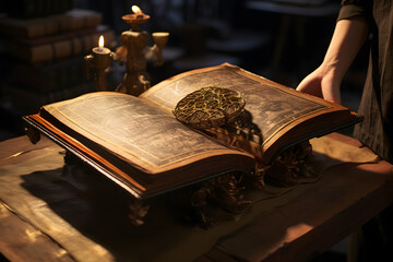 an old book with scales in its hands