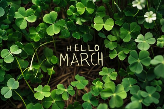 Hello March centered text on clover background Generative AI