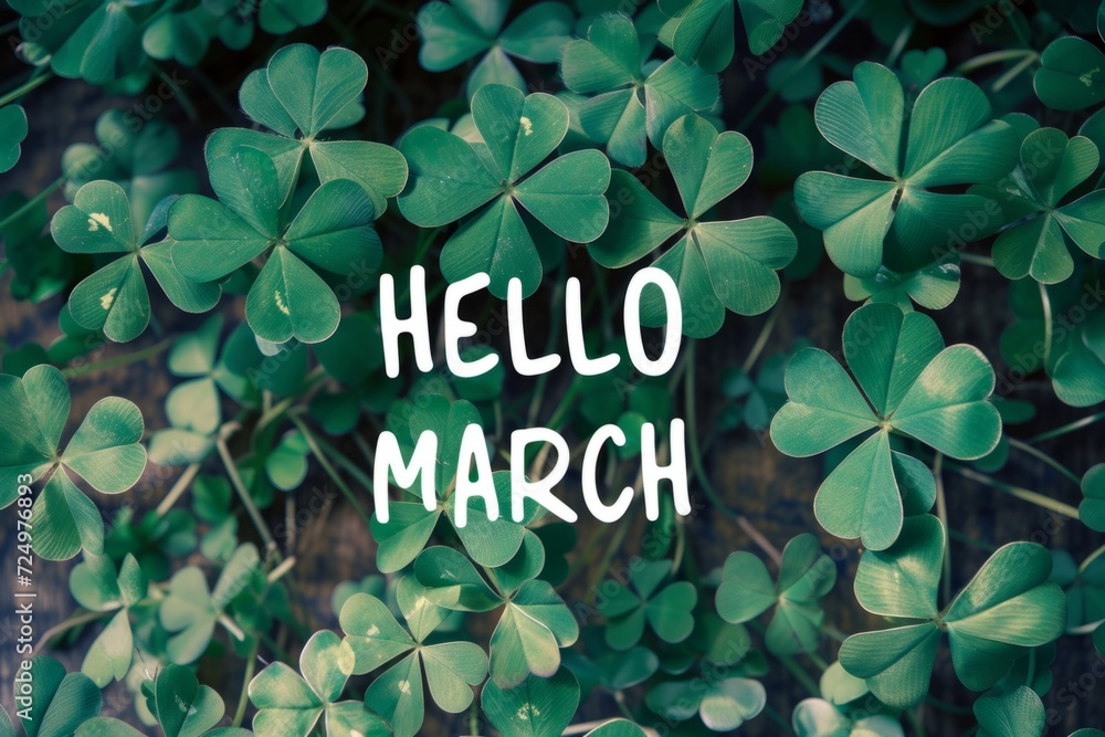 Poster hello march centered text on clover background generative ai