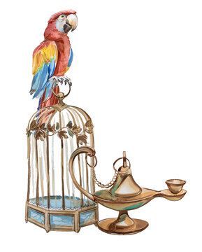 Parit sitis on a bird cage and an old oil lamp painting. Watercolor eastern concept illustration.