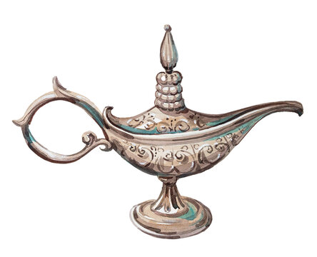 Watercolor vintage oil lamp painting.  Arabic lamp illustration isolated on white.
