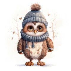 Watercolor illustration of a cute owl sitting in a knitted hat and scarf on a white background