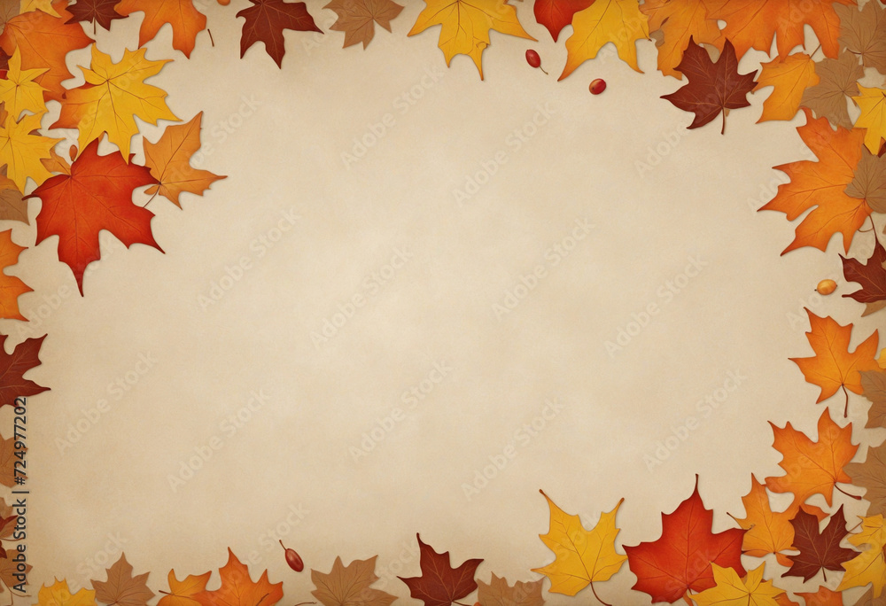 Poster fall foliage frame with space for text. maple leaves in various colors on light brown backdrop.