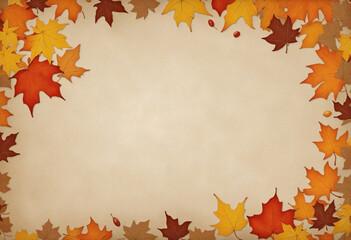 Naklejka na ściany i meble Fall foliage frame with space for text. Maple leaves in various colors on light brown backdrop.