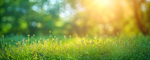 natural grass background with blurred bokeh and sun, spring nature inspired background