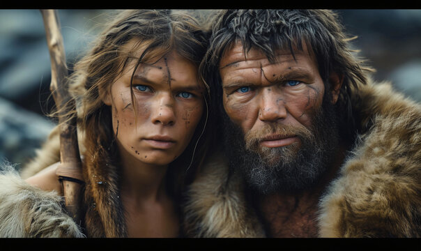 Serious Neanderthal Caveman Couple Wearing Fur And Looking At Camera 