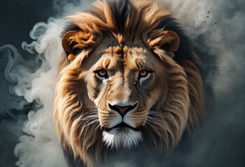 Intense lion portrait against smoky backdrop