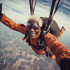 Thrillingly free, a daring man embraces the endless sky with open arms while tandem skydiving, surrendering to the rush of outdoor adventure and the exhilarating sensation of flying through the air w - obrazy, fototapety, plakaty