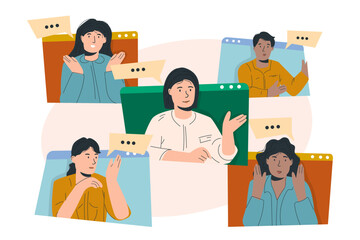 Young people talking via video. Video conference. Interview. Vector illustration in modern style.