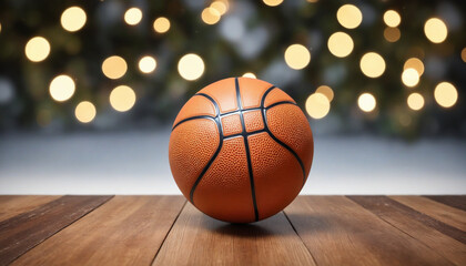 Obraz premium Empty wooden table with basketball ball and Christmas lights bokeh backdrop