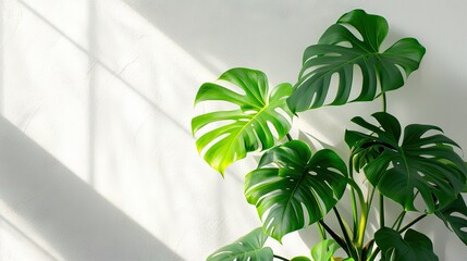 Close up of beautiful monstera flower leaves or Swiss cheese plant, Monstera deliciosa Liebm, interior minimalism concept, banner, copy space