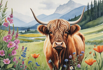 Highland cow in flowers watercolor illustration. Beautiful illustration for printing - obrazy, fototapety, plakaty