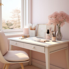 romantic desk mockup, pink and white female accessories. ai generated