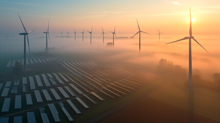Fields of renewable and alternative energies, solar energy and wind turbines. Environment concept - obrazy, fototapety, plakaty