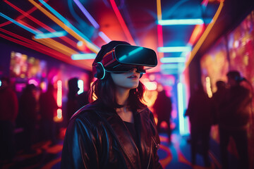 Young Caucasian woman using virtual reality VR set