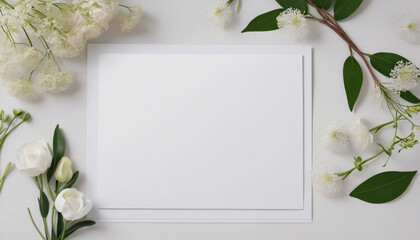 Top view white floral wedding invitation card with blank space for date, perfect for bridal shower or party. Empty mockup banner design. - obrazy, fototapety, plakaty