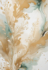 Fluid art with elegant white and gold marble design.