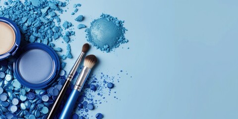 blue eyeshadows and makeup brush isolated pastel background Copy space - obrazy, fototapety, plakaty