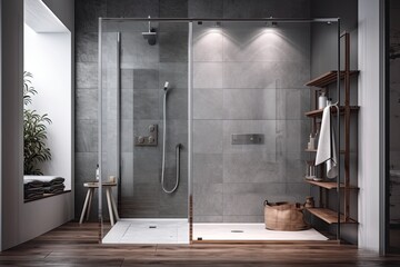 Interior with a grey shower room wall with glass doors and an empty wood frame. floor with light grey tiles. contemporary interior design idea. a mockup