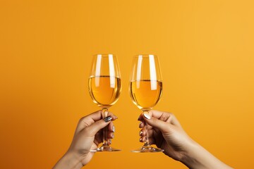 Female hands toasting with white wine on vibrant orange background