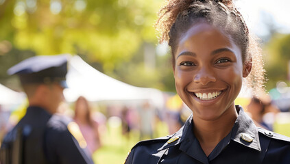 Smiling female police officer at outdoor event