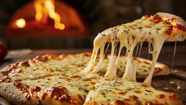Cheesy mozzarella pizza slice pulled on wooden table with oven fire in background