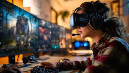 Poster Young adult female playing video game with virtual reality headset at home © Meow Creations