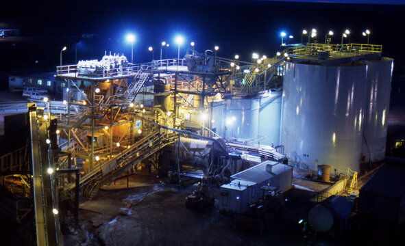 Elevated view of Gold Mine processing at night