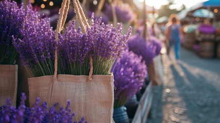 Lavender bouquets in burlap bags lined up at a sunny outdoor market