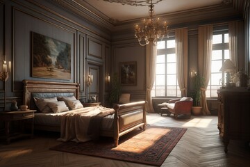 Empire style interior of bedroom in luxury house.