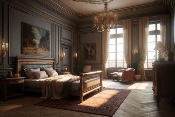 Empire style interior of bedroom in luxury house.