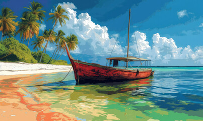 Illustration of Zanzibar island with dhow and sunset, T-shirt design and print