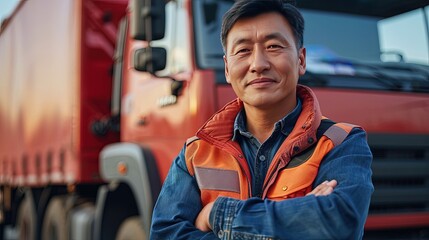 A confident male driver standing next to his truck. The concept of transportation. With a smile that reaches his eyes, the driver represents the joy of transportation and the adventures it brings.