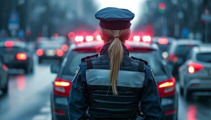 Police officer overseeing city traffic - obrazy, fototapety, plakaty