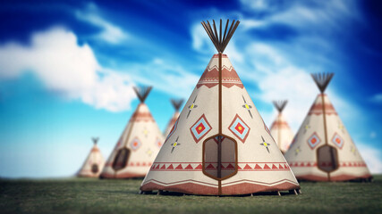 Indian tents on grass field against blue sky. 3D illustration © Destina