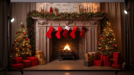Christmas festival room decoration fireplace photography, ultra HD wallpaper image