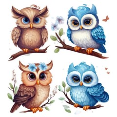 Fototapeta premium Set of cute owls on white background