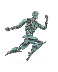 mega cyborg is jumping to punch in action like a super hero in white background