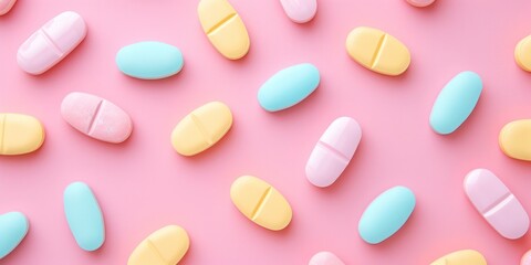 Pastel-Colored Pills Arranged in a Pattern on a Pastel Pink Background. - obrazy, fototapety, plakaty