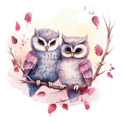 Illustration of a pair of owls in love on a white background