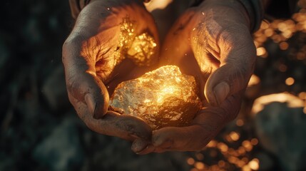 a miner proudly holding a gleaming gold nugget, with the focus sharply on the precious gemstone, illustrating the rewards of mineral exploration and discovery.
