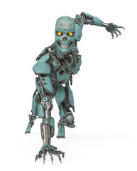 mega cyborg is on the flor like a super hero in white background