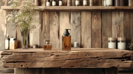 Obraz premium Showcase a podium from wood in rustic style as a background for perfume, jewelry, and cosmetic products.